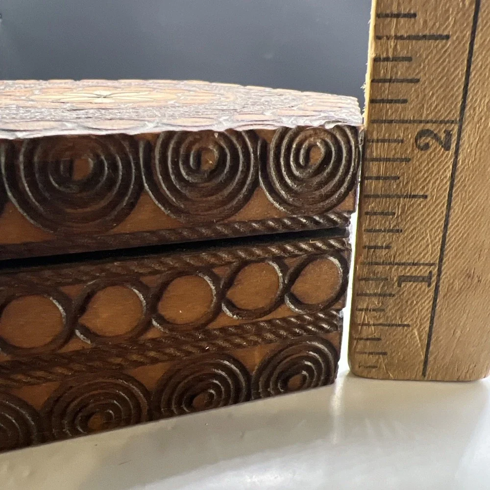 Vintage Polish Carved Wood Hexagon Box Brass Wire Inlay Kaiser Bill's Helen GA